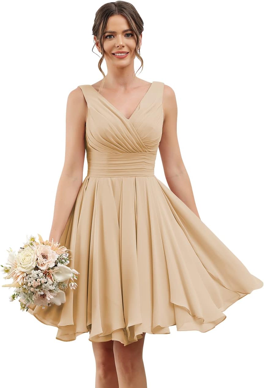 Double V Neck Short Bridesmaid Dresses for Women 2025 Chiffon A Line Formal Evening Gowns with Pockets