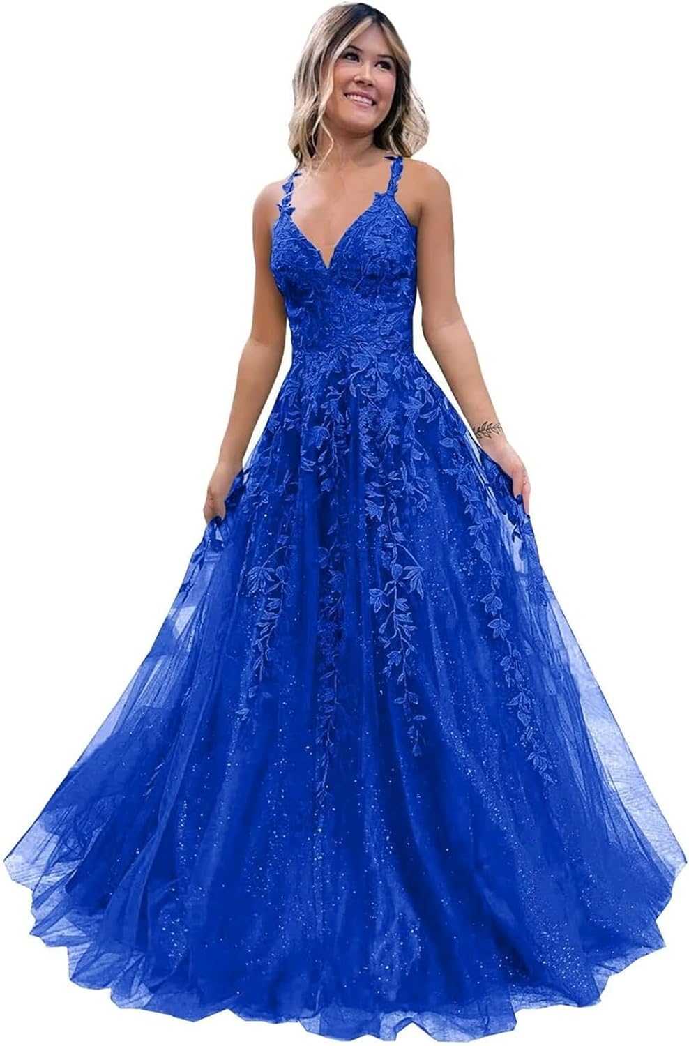 Women's Sparkly Tulle Lace Applique Prom Dresses 2025 Long Spaghetti Straps Formal Evening Gowns