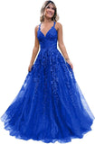 Women's Sparkly Tulle Lace Applique Prom Dresses 2025 Long Spaghetti Straps Formal Evening Gowns