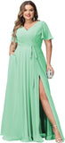 Plus Size Bridesmaid Dresses with Pockets V Neck Chiffon Flutter Sleeves Formal Evening Gowns with Slit