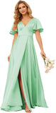 Women's V Neck Ruffle Sleeves Bridesmaid Dresses with Slit 2025 Satin A-Line Formal Evening Gowns