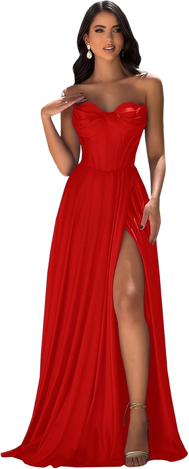 Strapless Prom Dress with Slit Satin A Line Long Ball Gowns for Women Sweetheart Corset Formal Dress with Pockets