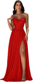 Strapless Prom Dress with Slit Satin A Line Long Ball Gowns for Women Sweetheart Corset Formal Dress with Pockets