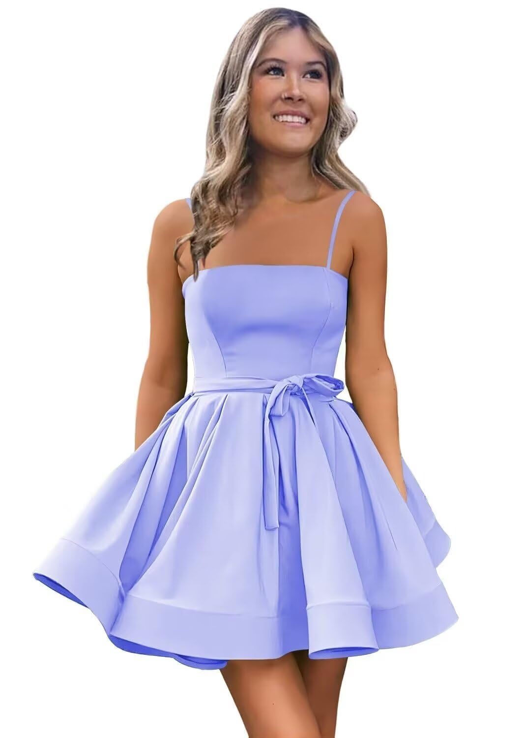 Women’s Short Satin Spaghetti Straps Formal Homecoming Dresses A Line Corset Puffy Prom Gown with Pockets for Teens