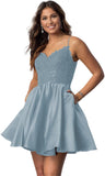 Vestidos cortos de fiesta con tirantes finos para jóvenes, con encaje, escote en V y bolsillos.