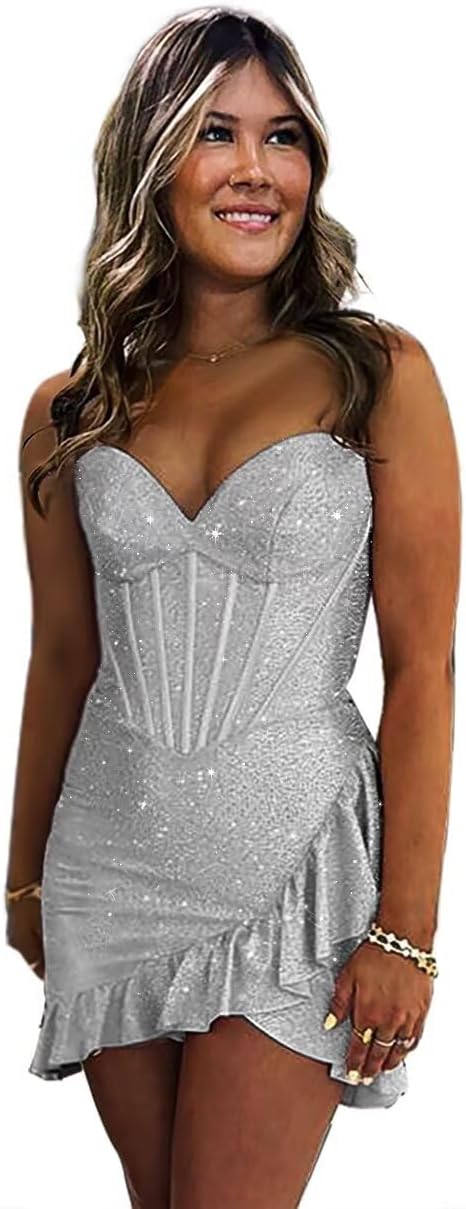 Sequin Homecoming Dresses 2027 Strapless Corset Ruffle Mermaid Short Prom Cocktail Dress