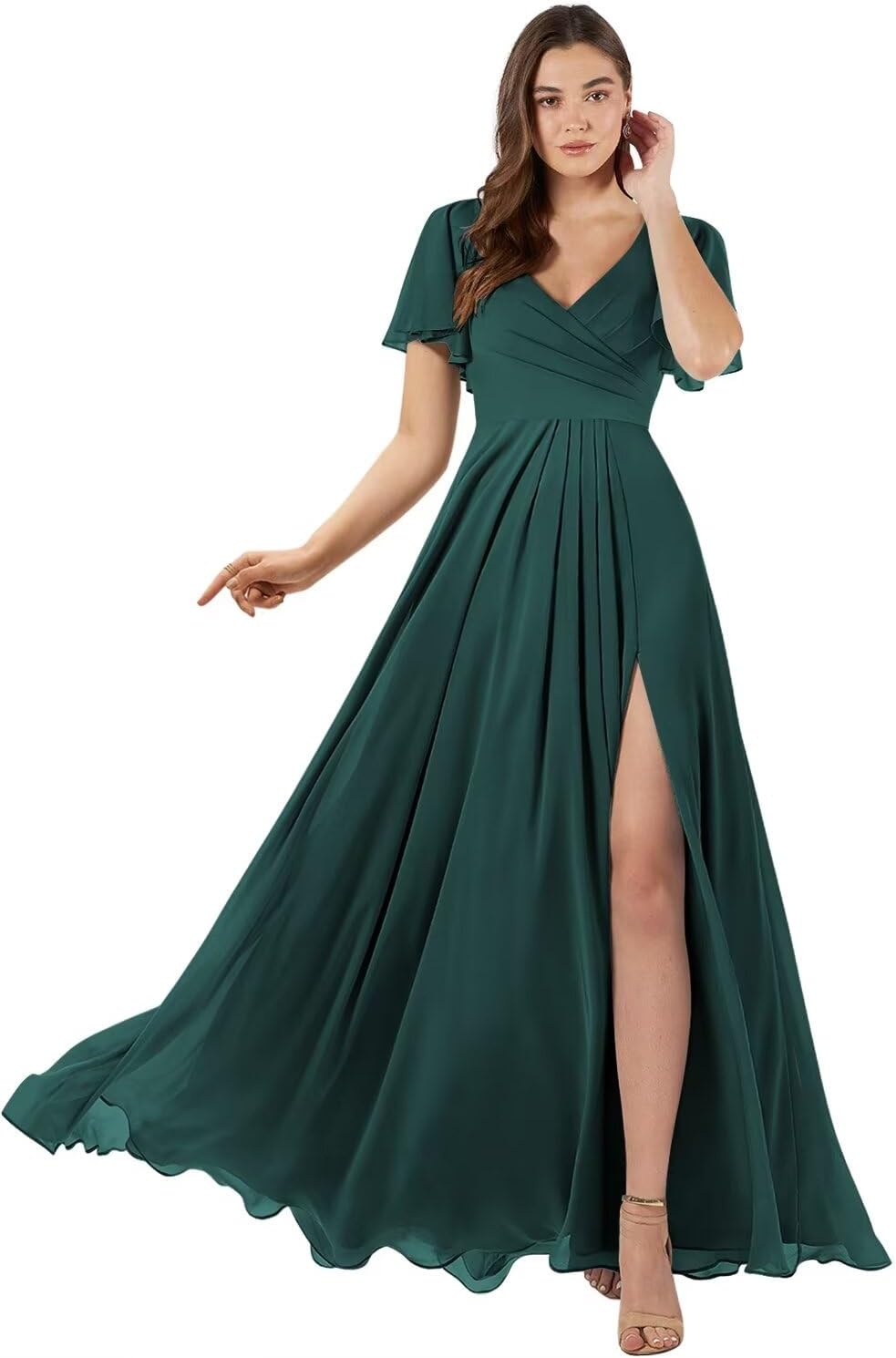 Damen Brautjungfernkleider mit Flatterärmeln, lang, mit Schlitz, V-Ausschnitt, Chiffon, formelle Kleider 