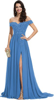 Women's Off The Shoulder Long Prom Dresses with Slit Lace Appliqued Chiffon Formal Party Gowns