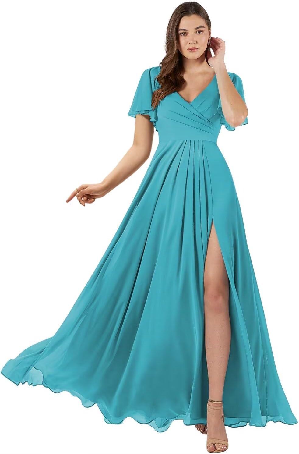 Damen Brautjungfernkleider mit Flatterärmeln, lang, mit Schlitz, V-Ausschnitt, Chiffon, formelle Kleider 