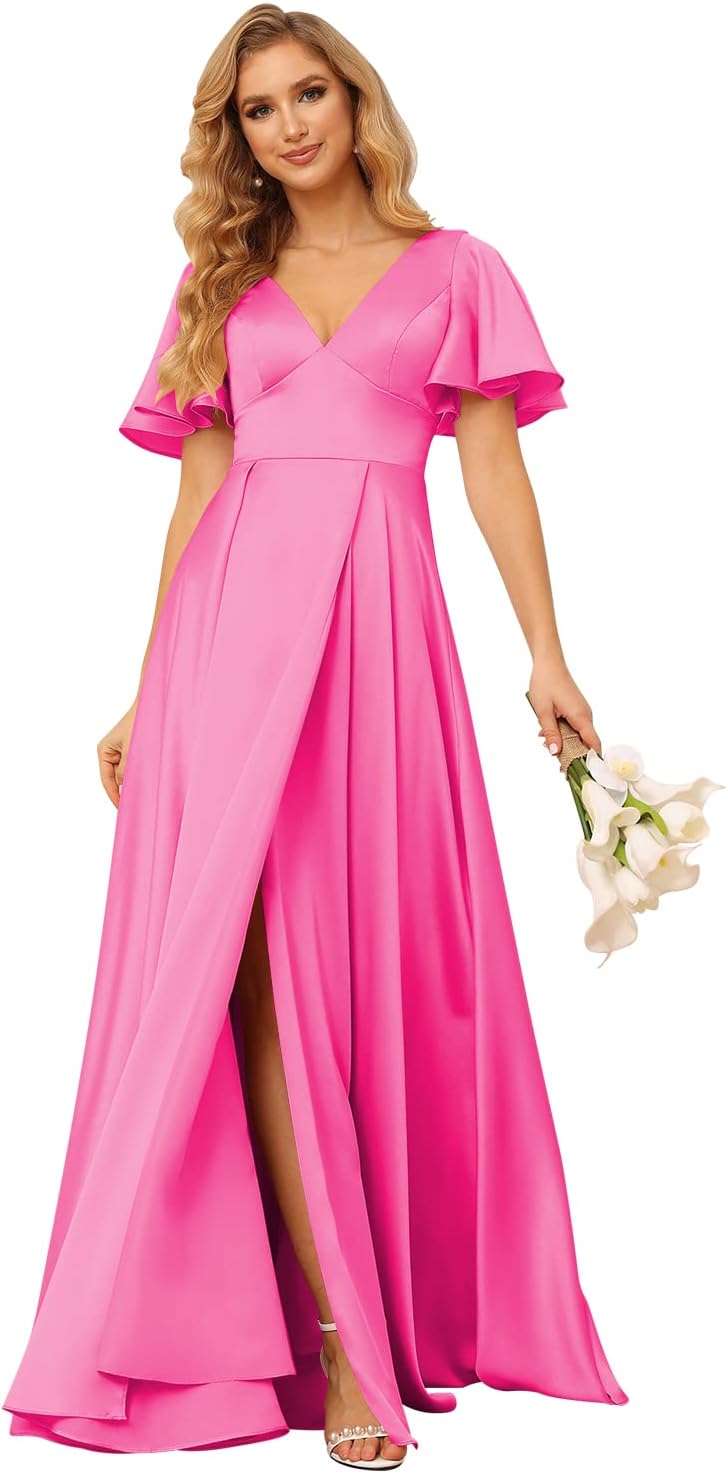 Women's V Neck Ruffle Sleeves Bridesmaid Dresses with Slit 2025 Satin A-Line Formal Evening Gowns