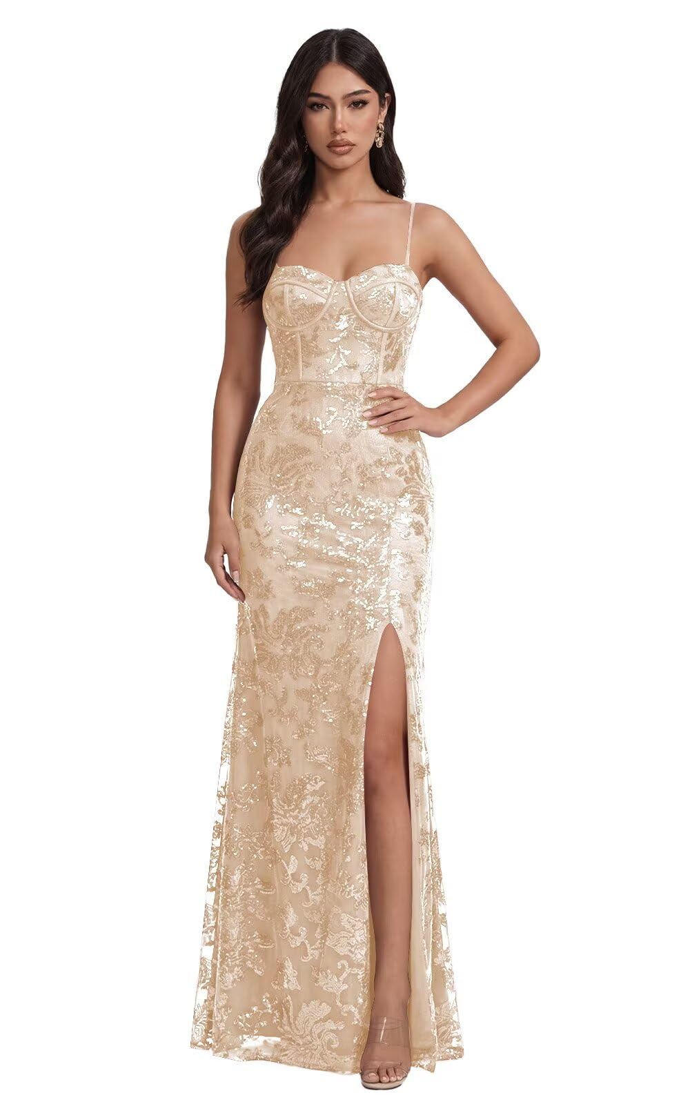 Mermaid Sequin Lace Prom Dresses Long for Women 2026 Spaghetti Straps Corset Formal Evening Party Gown with Slit