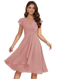 Short Chiffon Bridesmaid Dresses for Women V Neck Flutter Sleeves Ruffle Formal Cocktail Gowns with Pockets