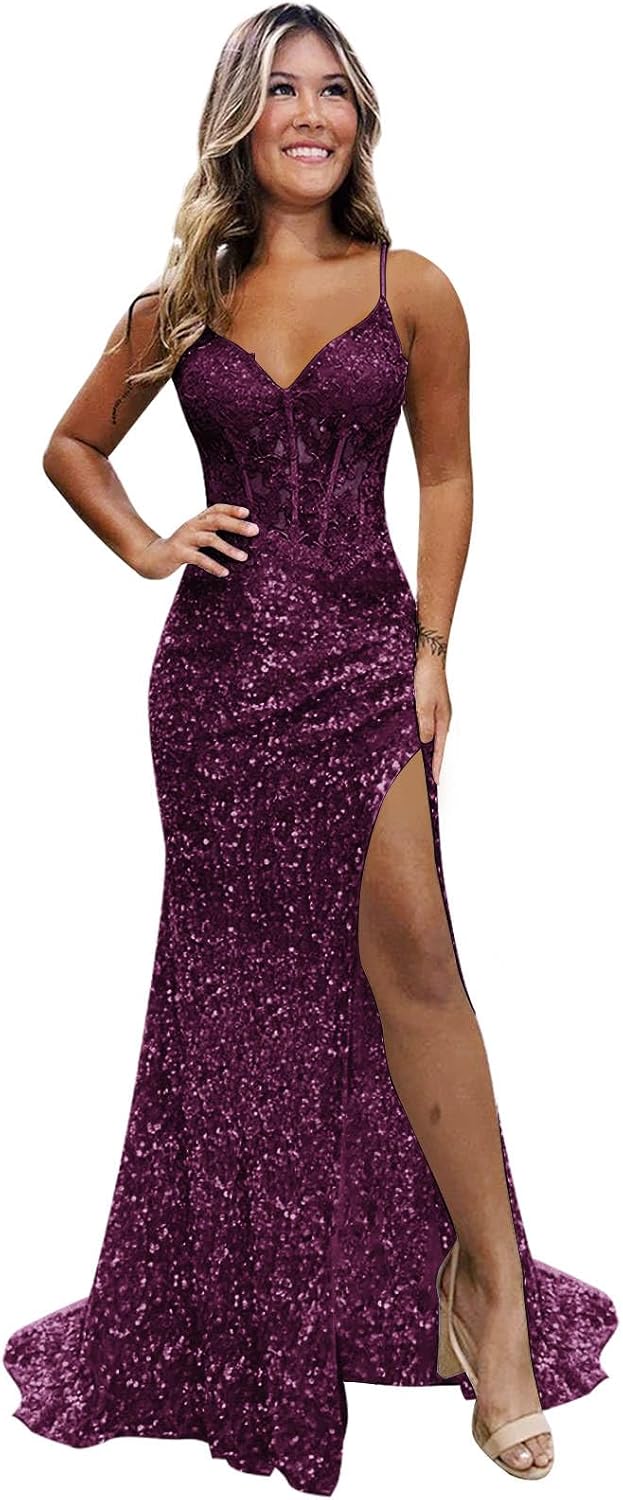 Sparkly Sequin Prom Dresses for Teens 2026 V Neck Glitter Applique Mermaid Formal Evening Gown with Slit