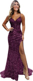 Sparkly Sequin Prom Dresses for Teens 2026 V Neck Glitter Applique Mermaid Formal Evening Gown with Slit