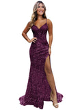 Sparkly Sequin Prom Dresses for Teens 2026 V Neck Glitter Applique Mermaid Formal Evening Gown with Slit