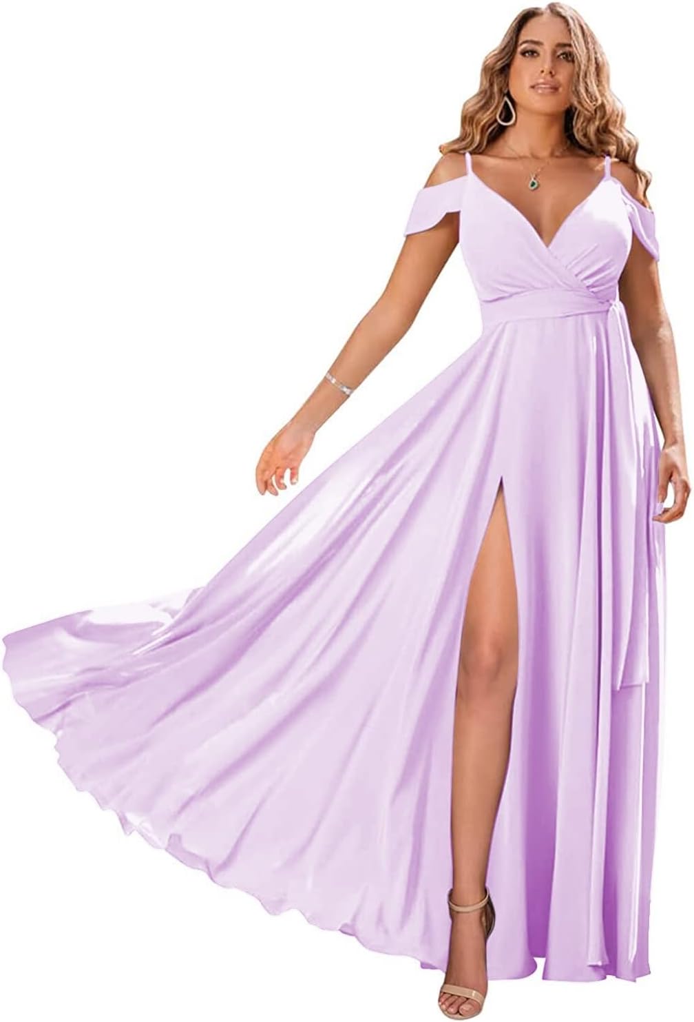 Schulterfreie Brautjungfernkleider 2025 für Frauen, langes Chiffon-Abendkleid mit V-Ausschnitt und Schlitz