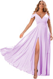 Schulterfreie Brautjungfernkleider 2025 für Frauen, langes Chiffon-Abendkleid mit V-Ausschnitt und Schlitz