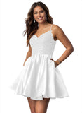 Vestidos cortos de fiesta con tirantes finos para jóvenes, con encaje, escote en V y bolsillos.