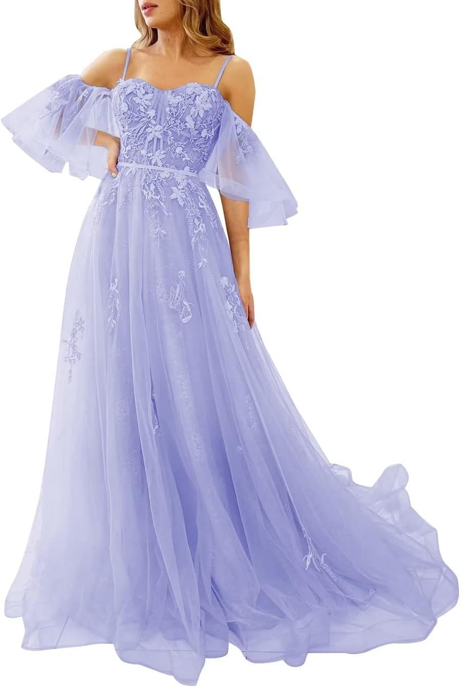 Vestidos de fiesta de tul con hombros descubiertos para adolescentes, vestidos formales con apliques de encaje, vestido de fiesta de noche formal de línea A