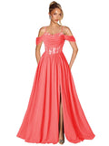 Off Shoulder Lace Applique Prom Dress with Slit A Line Ball Gown Pleated Corset Long Formal Evening Dresses