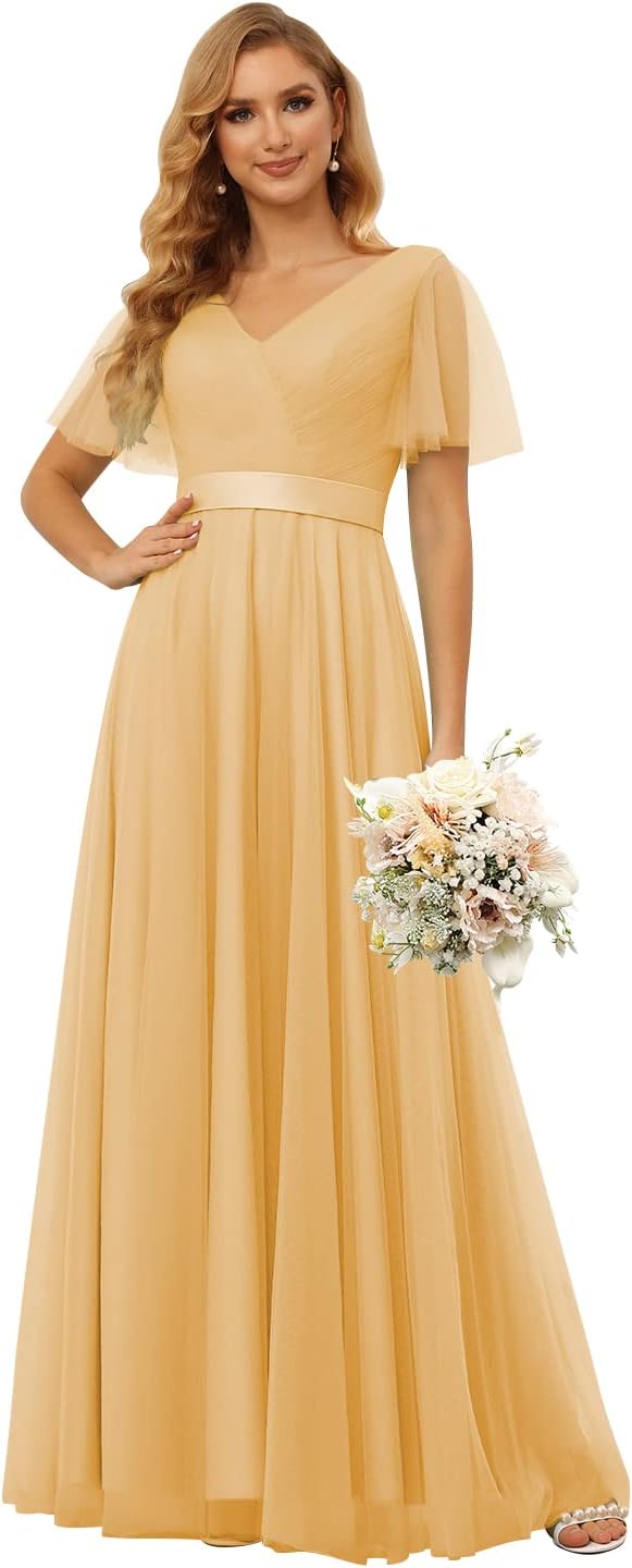 Damen Brautjungfernkleider mit Flatterärmeln, Tüll, lang, V-Ausschnitt, Empire-Taille, formelles Kleid 