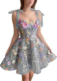 Floral Tulle Homecoming Dresses Short Cocktail Dresses Straps DAMA Dresses Lace Party Gown 3D Floral Dama Dress for Quinceanera