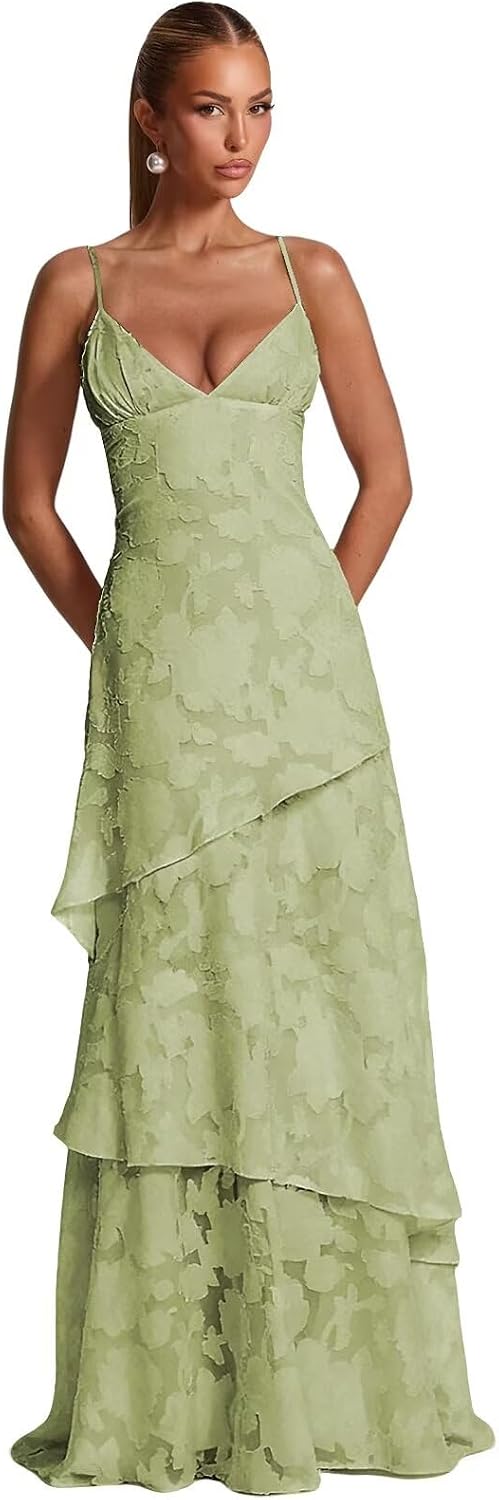 Spaghetti Strap Floral Bridesmaid Dresses for Women Tiered Ruffle A-Line Long Formal Prom Dress