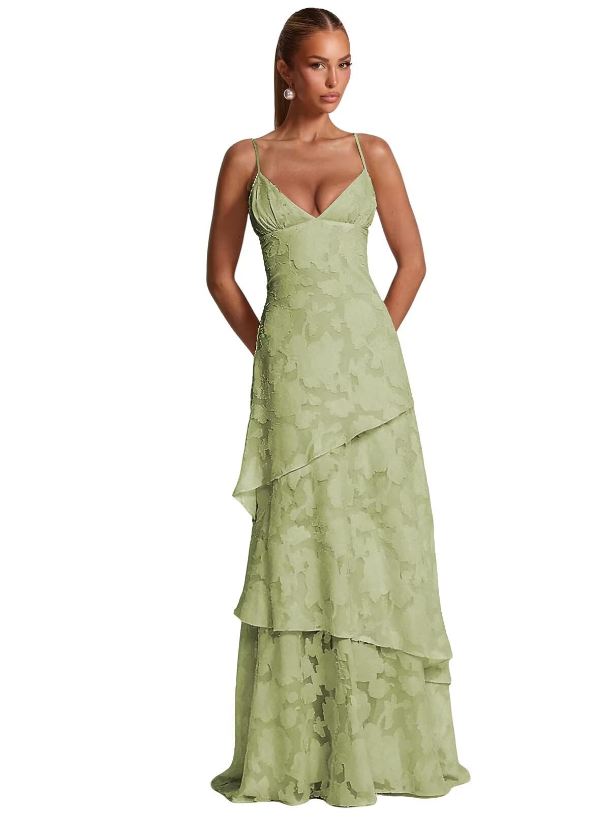 Spaghetti Strap Floral Bridesmaid Dresses for Women Tiered Ruffle A-Line Long Formal Prom Dress