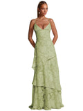 Spaghetti Strap Floral Bridesmaid Dresses for Women Tiered Ruffle A-Line Long Formal Prom Dress