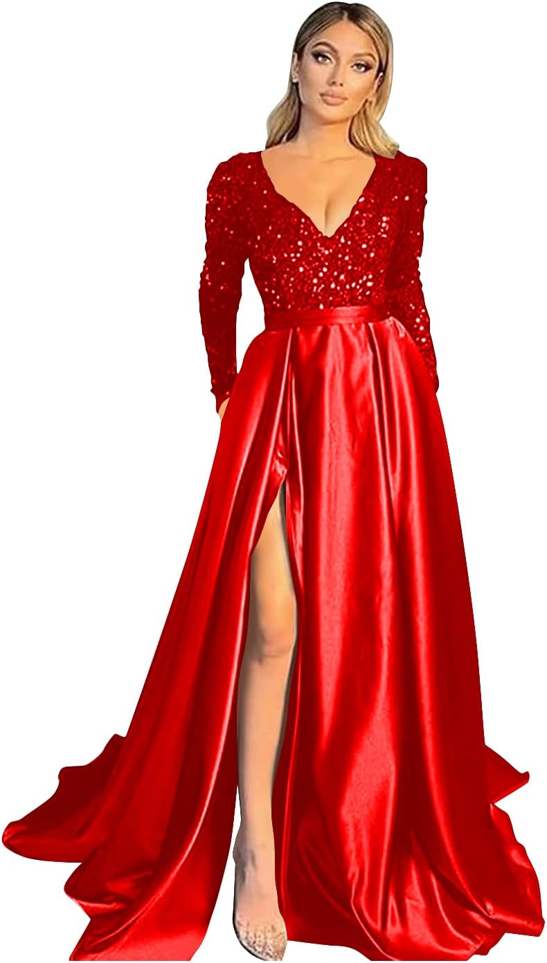 Vestido de fiesta de satén con lentejuelas brillantes para mujer, con bolsillos, manga larga y abertura. 