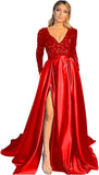 Vestido de fiesta de satén con lentejuelas brillantes para mujer, con bolsillos, manga larga y abertura. 