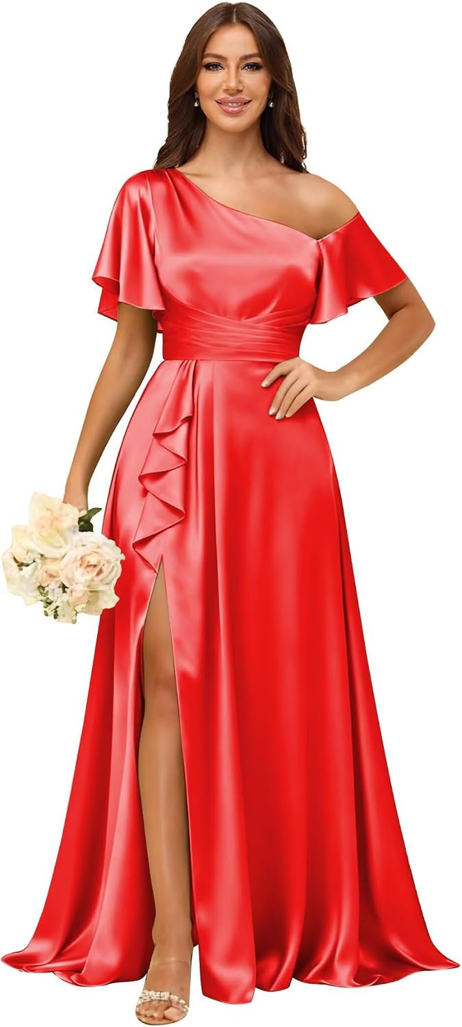 Short Sleeve Satin Bridesmaid Dresses for Women Ruffle One Shoulder Formal Evening Gowns with Slit