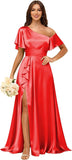 Short Sleeve Satin Bridesmaid Dresses for Women Ruffle One Shoulder Formal Evening Gowns with Slit