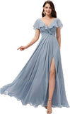 Vestidos de dama de honor largos con escote en V y volantes de gasa para mujer, vestidos de noche formales