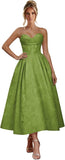 Jacquard Satin Prom Dresses for Women Strapless Tea Length Sweetheart Neck A-line Formal Party Dress with Pockets