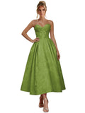 Jacquard Satin Prom Dresses for Women Strapless Tea Length Sweetheart Neck A-line Formal Party Dress with Pockets