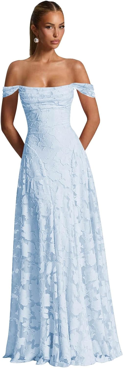 Off The Shoulder Bridesmaid Dresses Long for Women Formal Evening Gown Lace Wedding Guest Dress