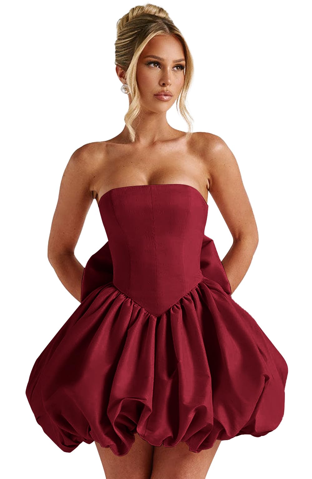 Satin Flower Bud Homecoming Dress Short Prom Dress with Bow Strapless A Line Mini Cocktail Party Gown