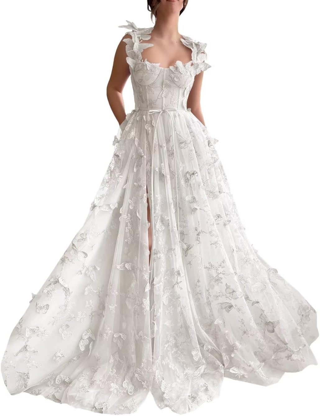 Vestidos de fiesta largos de tul con mariposas 3D para adolescentes, vestidos de fiesta formales de noche bordados con abertura 