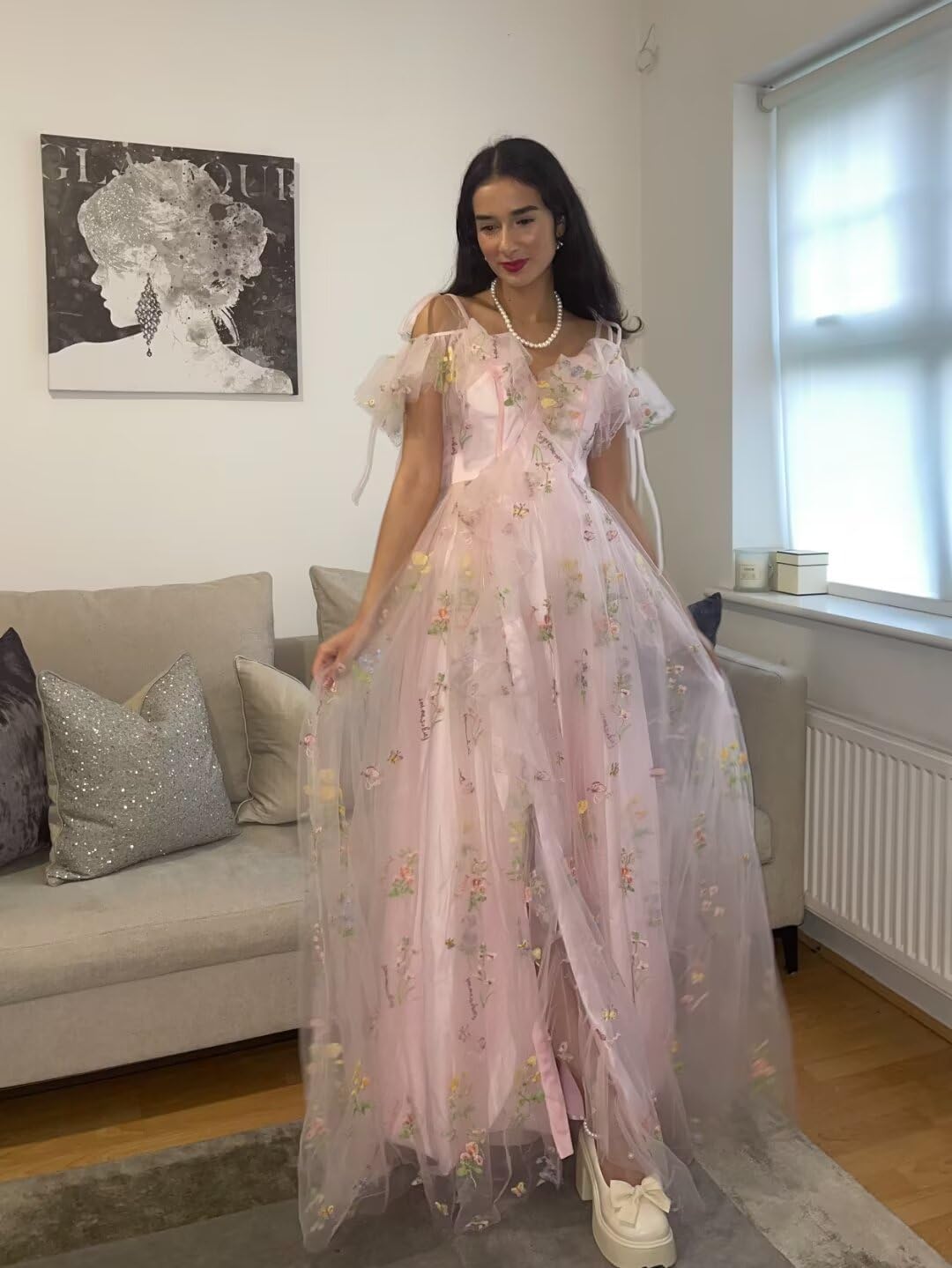 Vestidos de fiesta de tul con bordado floral para mujer, tirantes finos, largos, formales, de noche, 2024 