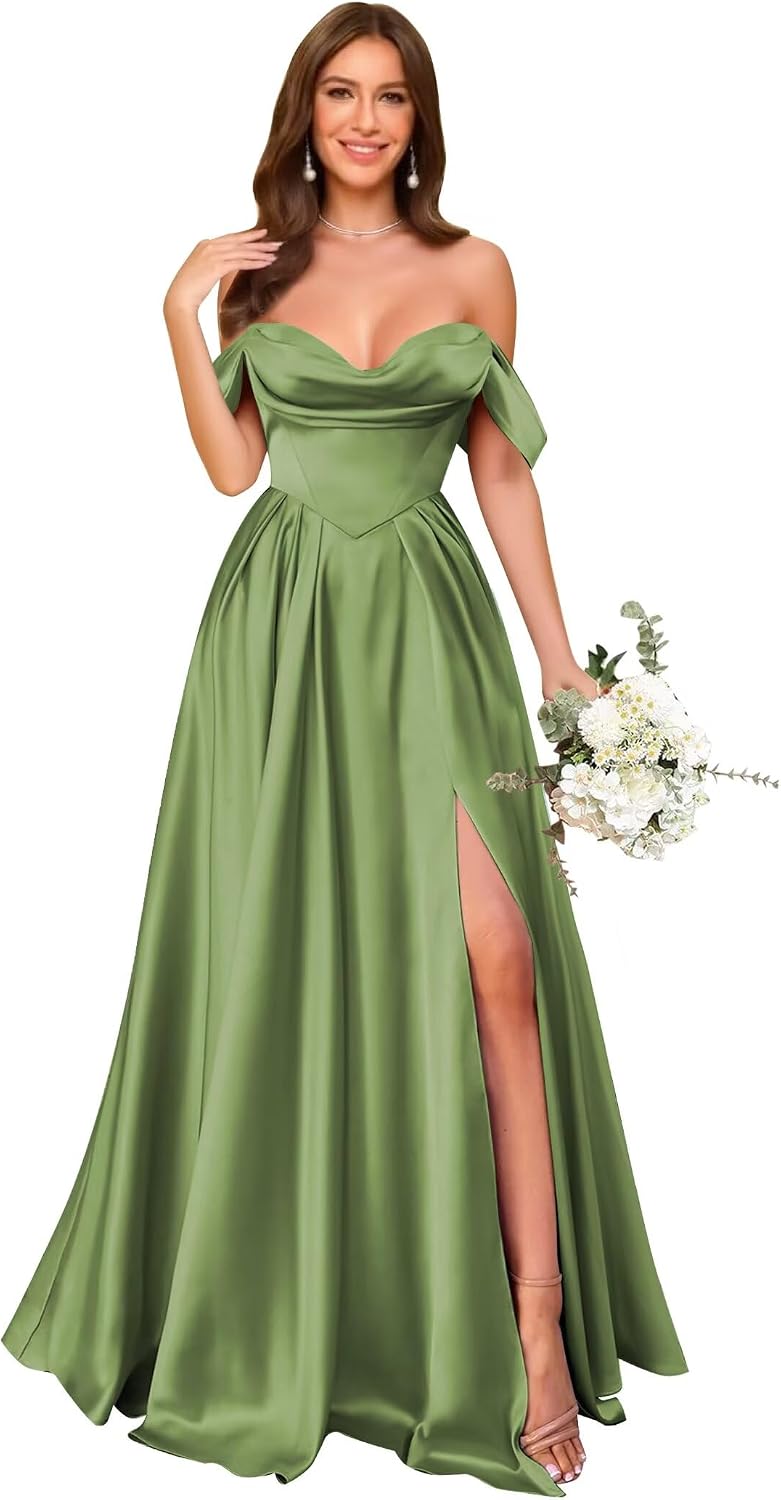 Off Shoulder Satin Bridesmaid Dresses Long Pleated Formal Dresses A Line Evening Gowns with Slit