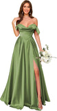 Off Shoulder Satin Bridesmaid Dresses Long Pleated Formal Dresses A Line Evening Gowns with Slit