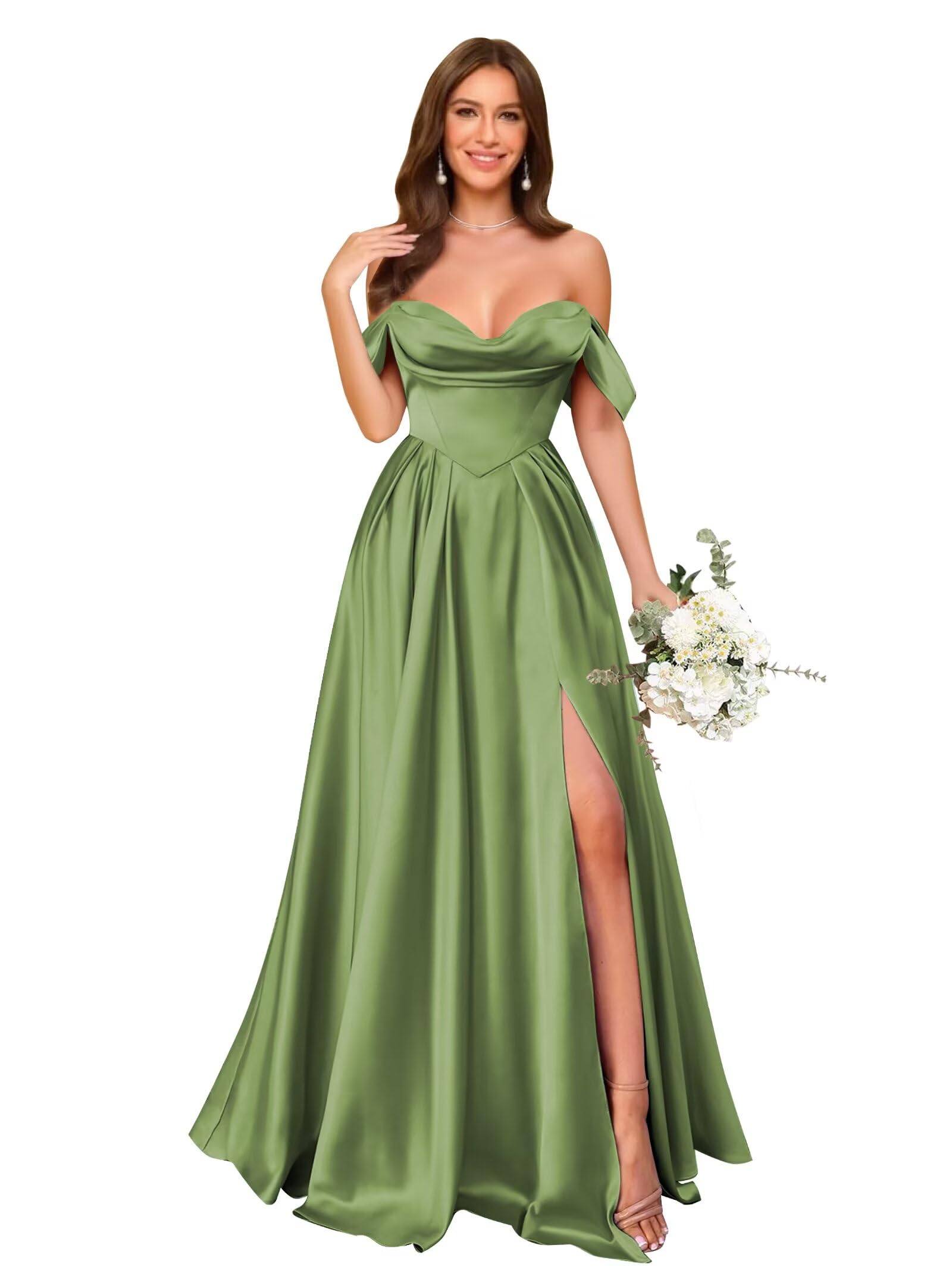 Off Shoulder Silk Satin Bridesmaid Dresses Long Pleated Formal Dresses A Line Evening Gowns with Slit