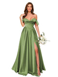 Off Shoulder Satin Bridesmaid Dresses Long Pleated Formal Dresses A Line Evening Gowns with Slit