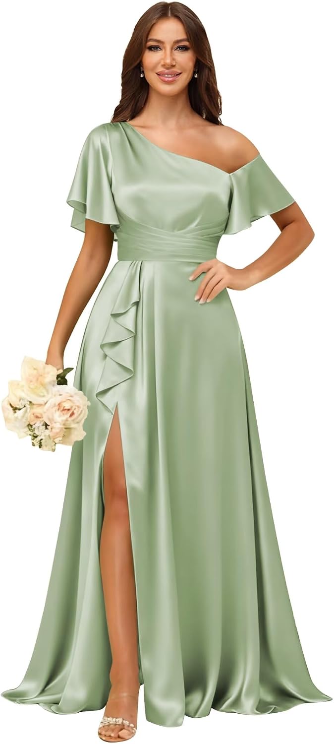 Short Sleeve Satin Bridesmaid Dresses for Women Ruffle One Shoulder Formal Evening Gowns with Slit