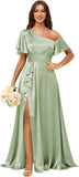 Short Sleeve Satin Bridesmaid Dresses for Women Ruffle One Shoulder Formal Evening Gowns with Slit