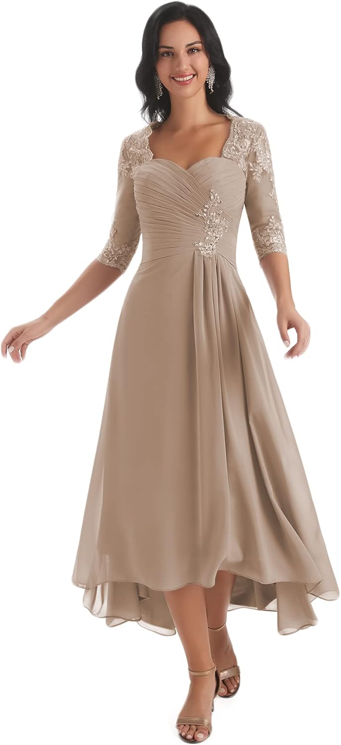Women's Tea Length Mother of The Bride Dresses for Wedding Short Sleeves Lace Applique Formal Evening Prom Gowns