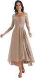 Women's Tea Length Mother of The Bride Dresses for Wedding Short Sleeves Lace Applique Formal Evening Prom Gowns