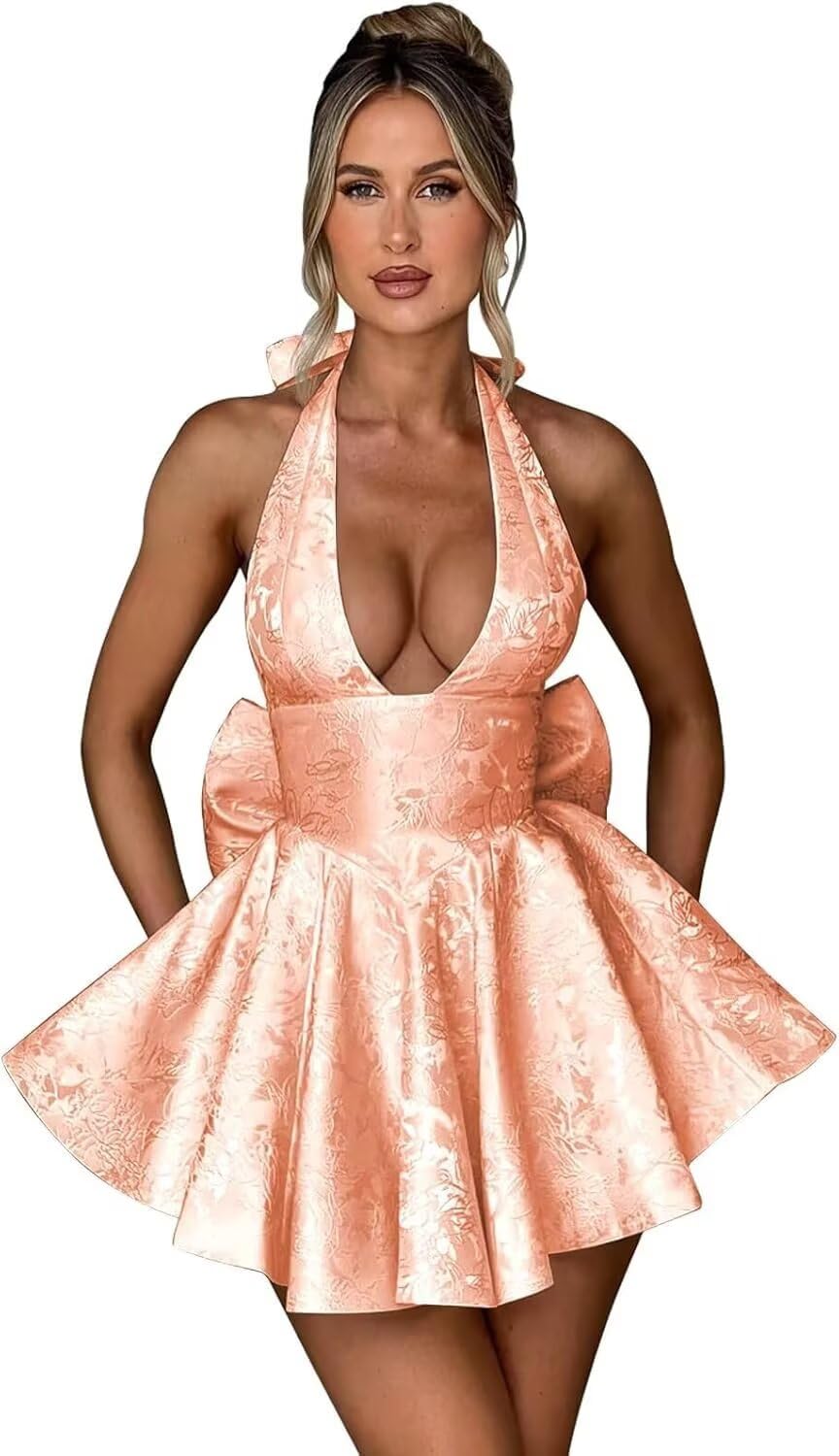 Satin Halter Homecoming Dresses for Teens 2027 V Neck Jacquard A-line Short Prom Cocktail Gowns with Bow