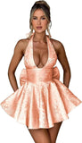 Satin Halter Homecoming Dresses for Teens 2027 V Neck Jacquard A-line Short Prom Cocktail Gowns with Bow